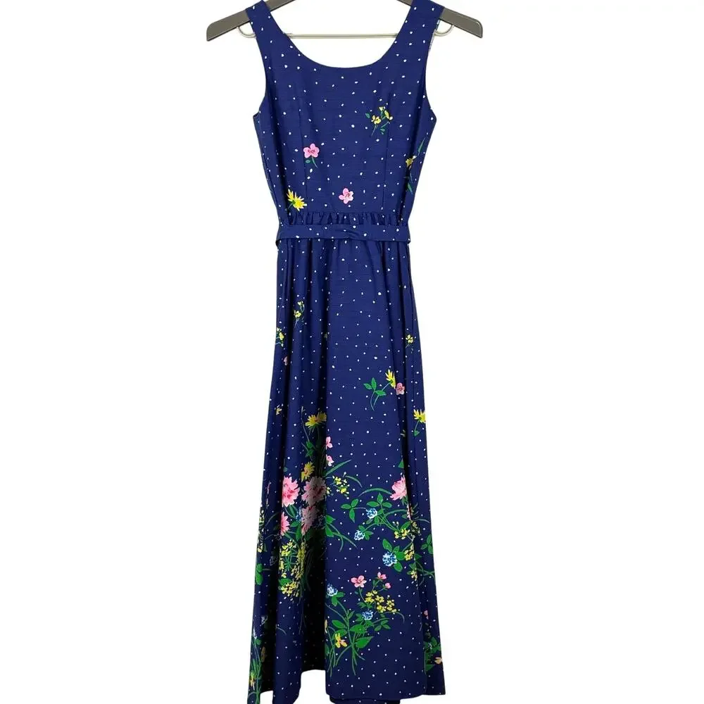Vintage Chiha Blue Floral Midi Maxi Dress USA polyester/cotton 8 (see measures)